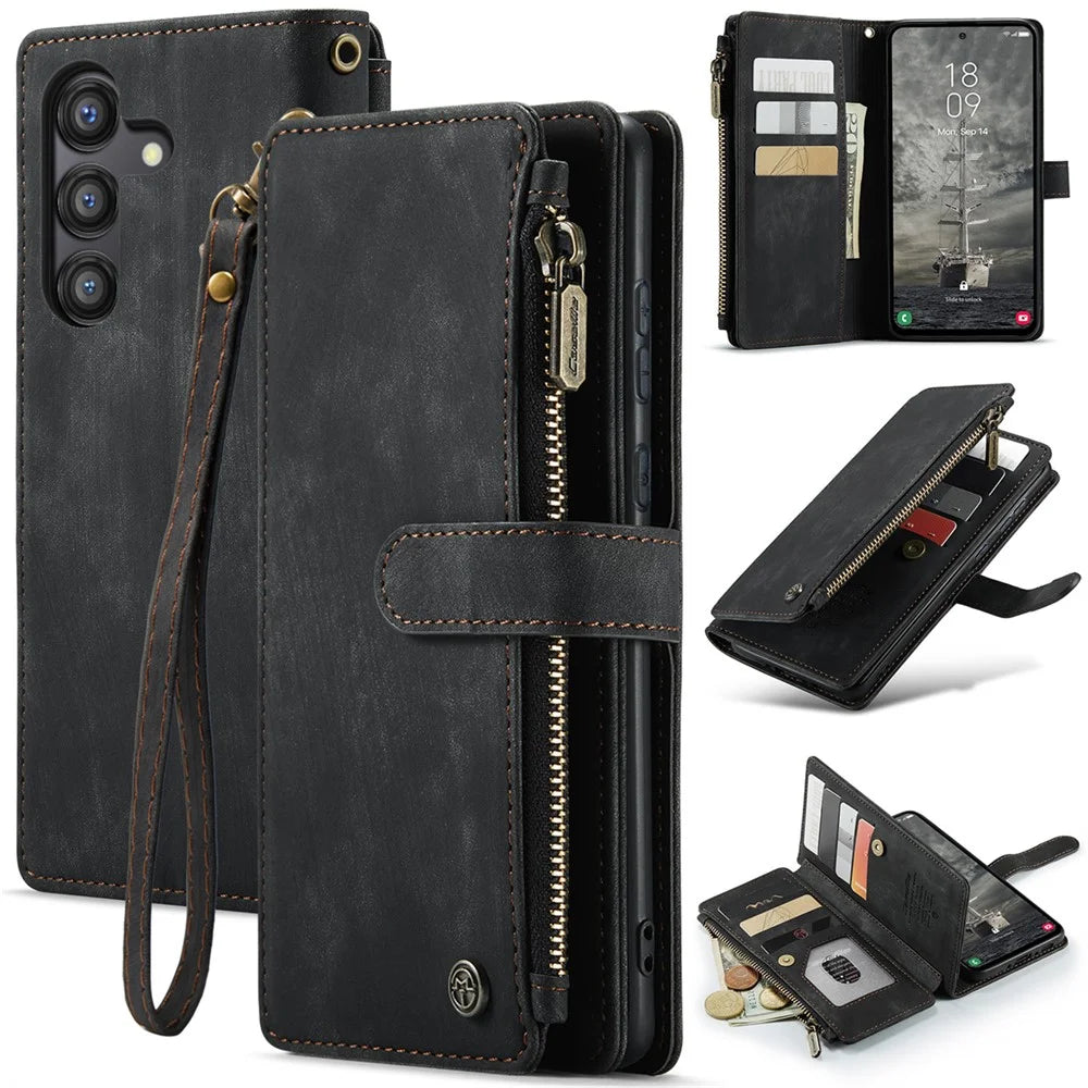 For Samsung Galaxy A35 5G Phone Cases with Strap CASEME C30 Zipper Multiple Card Holder PU Leather Cover - Black - 1