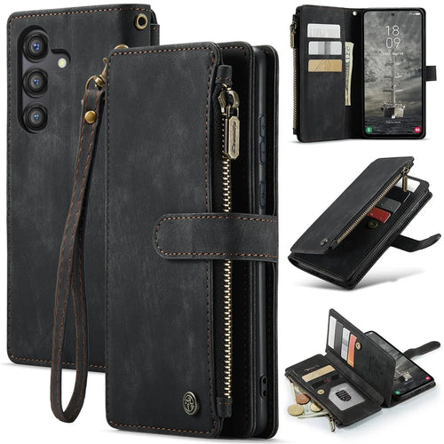 For Samsung Galaxy A35 5G Phone Cases with Strap CASEME C30 Zipper Multiple Card Holder PU Leather Cover - Black - 1