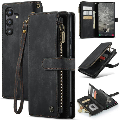 For Samsung Galaxy A35 5G Phone Cases with Strap CASEME C30 Zipper Multiple Card Holder PU Leather Cover - Black - 1