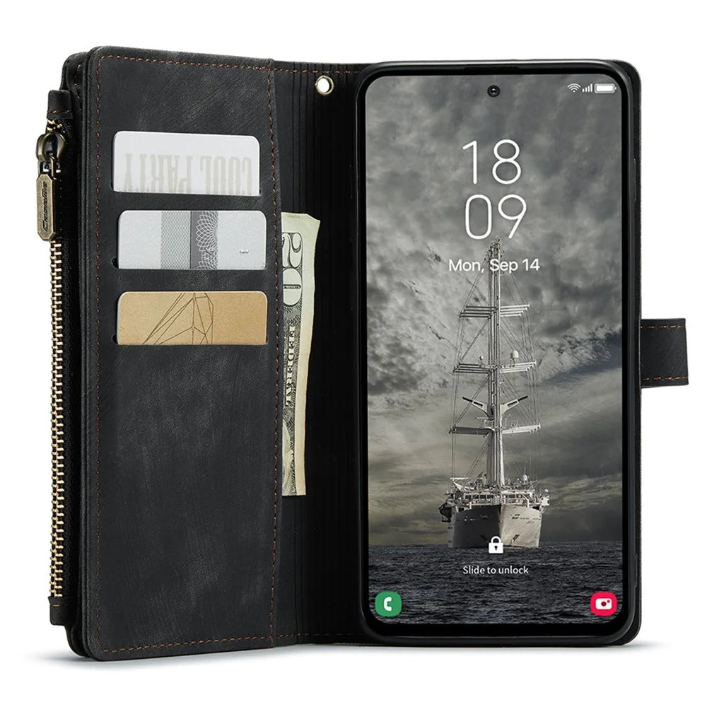 For Samsung Galaxy A35 5G Phone Cases with Strap CASEME C30 Zipper Multiple Card Holder PU Leather Cover - Black - 3