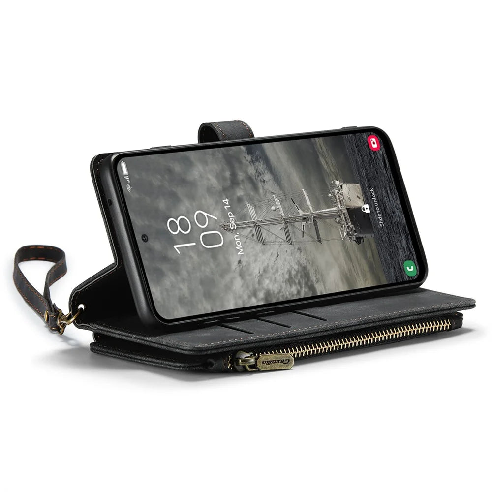 For Samsung Galaxy A35 5G Phone Cases with Strap CASEME C30 Zipper Multiple Card Holder PU Leather Cover - Black - 4