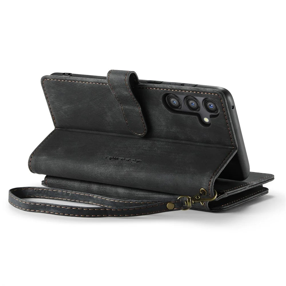 For Samsung Galaxy A35 5G Phone Cases with Strap CASEME C30 Zipper Multiple Card Holder PU Leather Cover - Black - 5