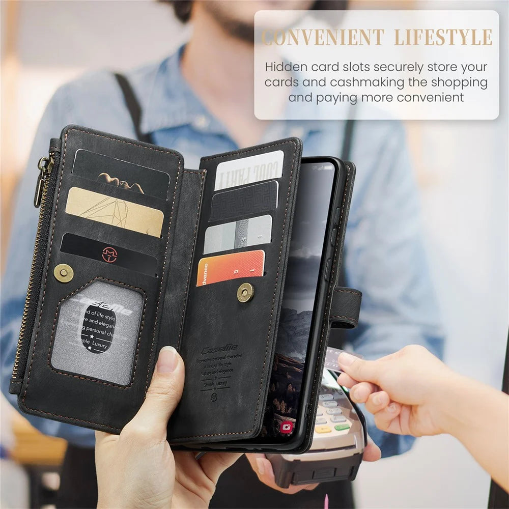 For Samsung Galaxy A35 5G Phone Cases with Strap CASEME C30 Zipper Multiple Card Holder PU Leather Cover - Black - 6