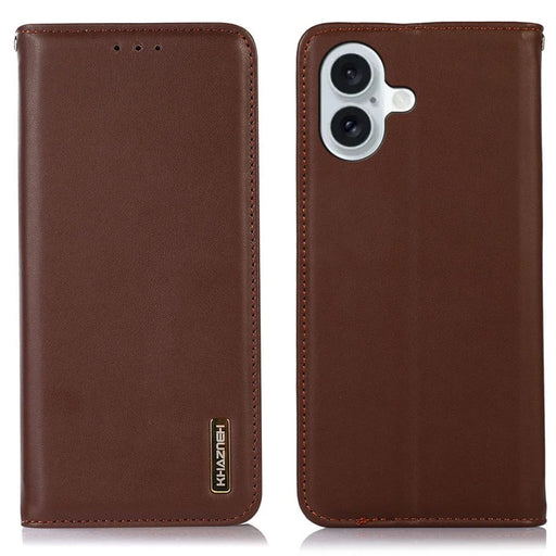 KHAZNEH For iPhone 16 Case RFID Blocking Genuine Cow Leather Wallet Flip Folio Phone Cover - Brown - 1
