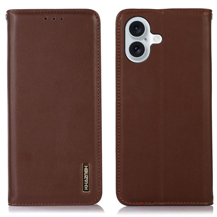 KHAZNEH For iPhone 16 Case RFID Blocking Genuine Cow Leather Wallet Flip Folio Phone Cover - Brown - 1
