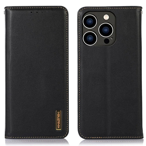 KHAZNEH For iPhone 16 Pro Wallet Case RFID Blocking Genuine Cow Leather Flip Phone Cover - Black - 1