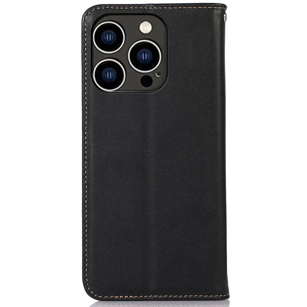 KHAZNEH For iPhone 16 Pro Wallet Case RFID Blocking Genuine Cow Leather Flip Phone Cover - Black - 7