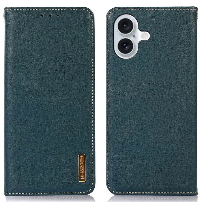 KHAZNEH For iPhone 16 Plus Case Genuine Cow Leather Phone Cover Nappa Texture - Green - 1