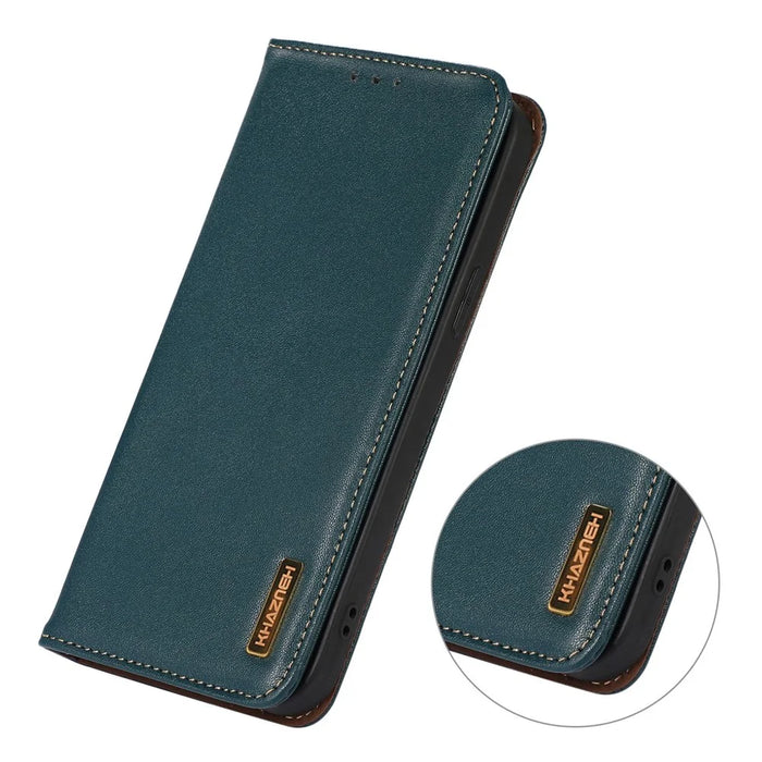KHAZNEH For iPhone 16 Plus Case Genuine Cow Leather Phone Cover Nappa Texture - Green - 4