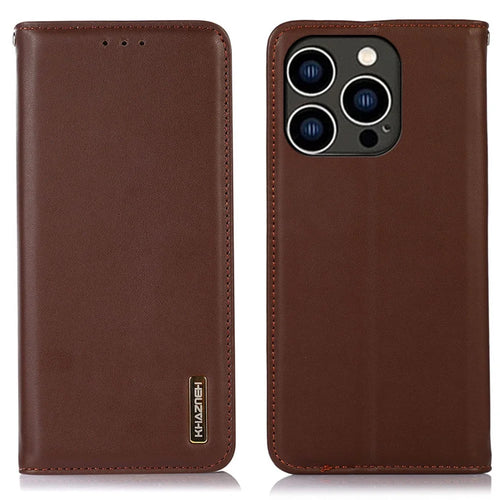 KHAZNEH For iPhone 16 Pro Max Case Genuine Cow Leather Wallet Phone Cover Nappa Texture - Brown - 1
