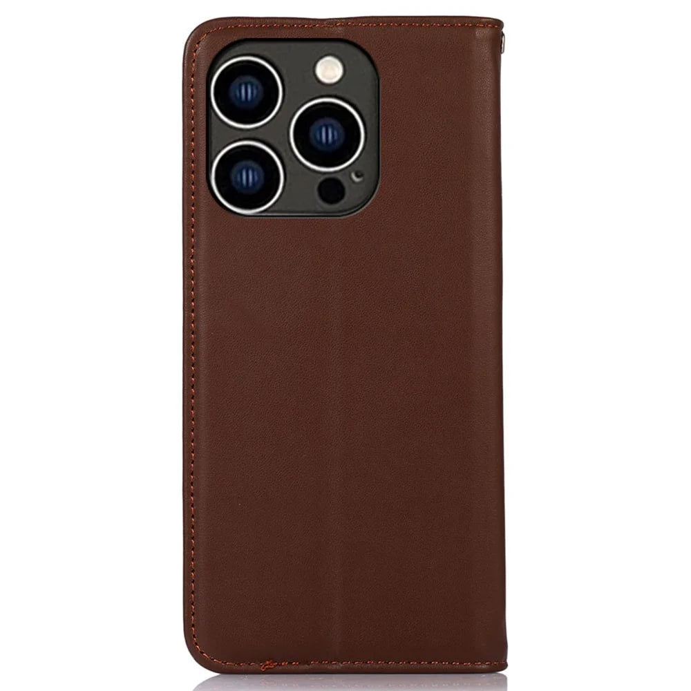KHAZNEH For iPhone 16 Pro Max Case Genuine Cow Leather Wallet Phone Cover Nappa Texture - Brown - 7