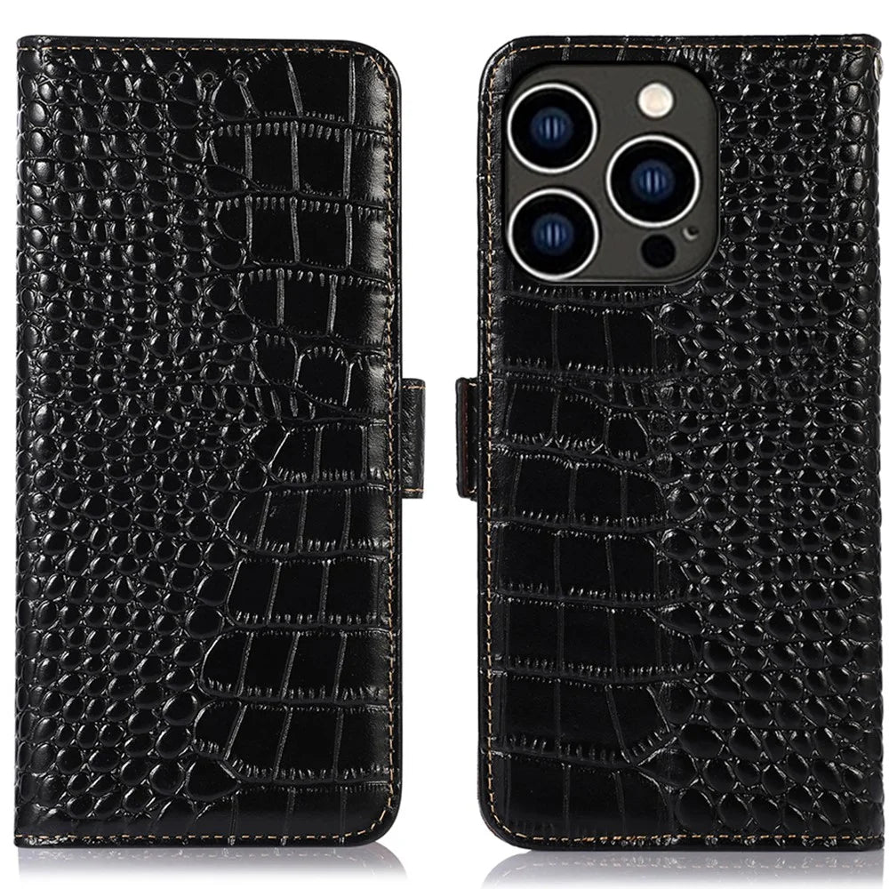 For iPhone 16 Pro Stand Case RFID Blocking Genuine Cow Leather Wallet Phone Cover - Black - 1