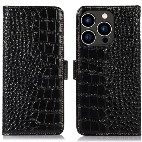 For iPhone 16 Pro Stand Case RFID Blocking Genuine Cow Leather Wallet Phone Cover - Black - 1