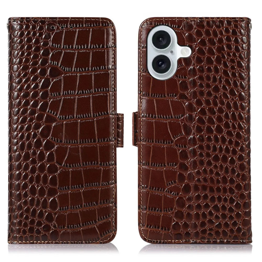 For iPhone 16 Case Genuine Cow Leather RFID Blocking Wallet Flip Phone Cover - Brown - 1