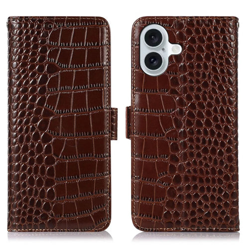 For iPhone 16 Case Genuine Cow Leather RFID Blocking Wallet Flip Phone Cover - Brown - 1