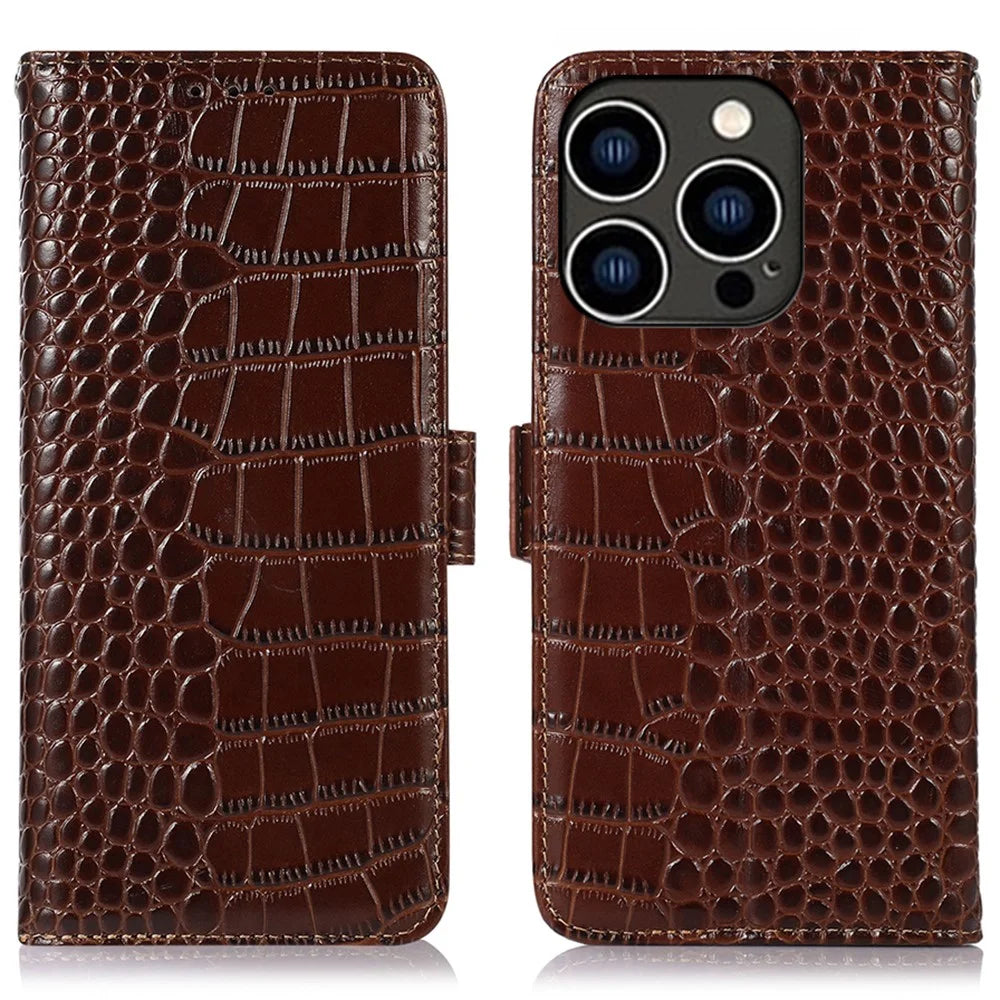 For iPhone 16 Pro Max RFID Blocking Case Genuine Cow Leather Wallet Phone Cover with Stand - Brown - 1