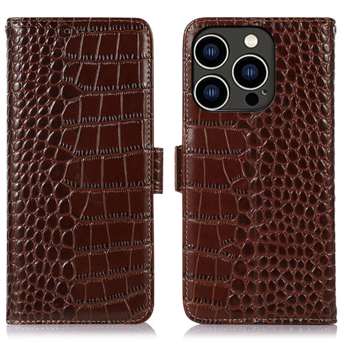 For iPhone 16 Pro Max RFID Blocking Case Genuine Cow Leather Wallet Phone Cover with Stand - Brown - 1