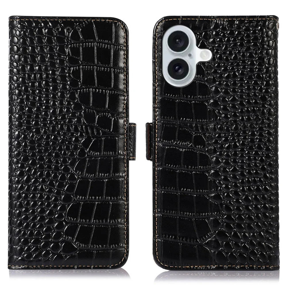 For iPhone 16 Plus Wallet Case RFID Blocking Genuine Cow Leather Phone Cover - Black - 1