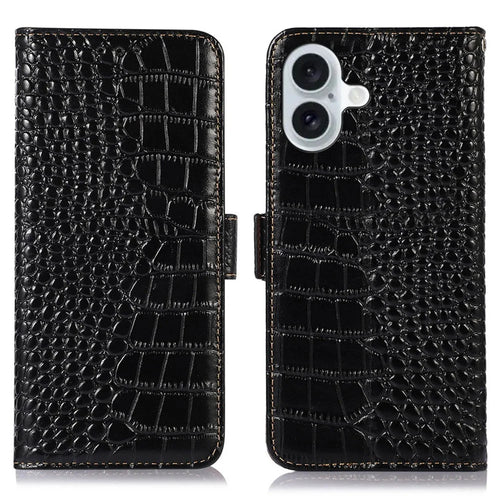 For iPhone 16 Plus Wallet Case RFID Blocking Genuine Cow Leather Phone Cover - Black - 1