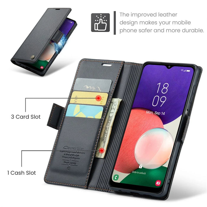 CASEME 023 Series For Samsung Galaxy A22 5G (EU Version) / F42 5G Wallet Case RFID Blocking Phone Cover - Black - 5
