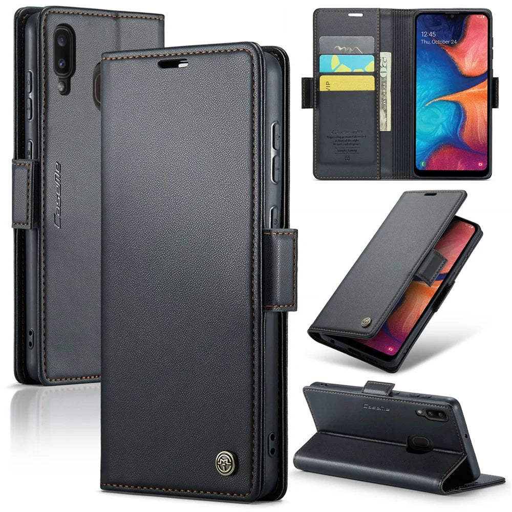 CASEME 023 Series For Samsung Galaxy A20 / A30 / M10s Glossy Case RFID Blocking Leather Phone Cover - Black - 1