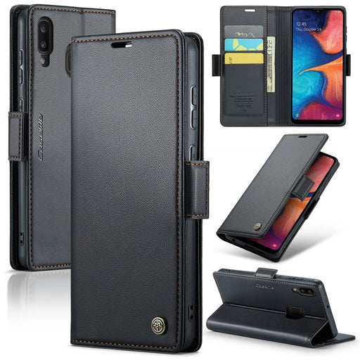 CASEME 023 Series For Samsung Galaxy A20 / A30 / M10s Glossy Case RFID Blocking Leather Phone Cover - Black - 1