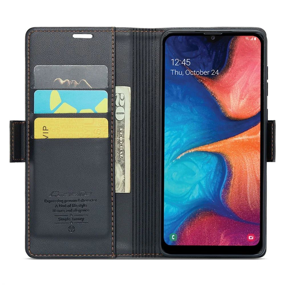 CASEME 023 Series For Samsung Galaxy A20 / A30 / M10s Glossy Case RFID Blocking Leather Phone Cover - Black - 2