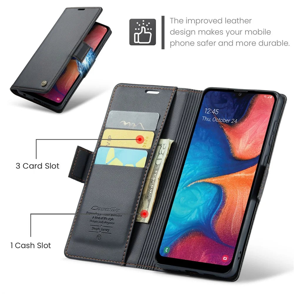 CASEME 023 Series For Samsung Galaxy A20 / A30 / M10s Glossy Case RFID Blocking Leather Phone Cover - Black - 5