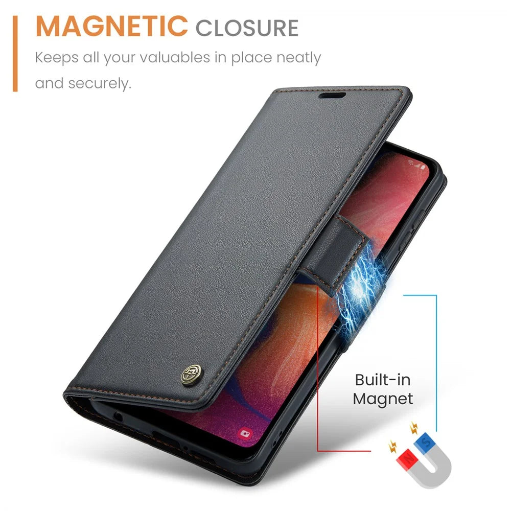 CASEME 023 Series For Samsung Galaxy A20 / A30 / M10s Glossy Case RFID Blocking Leather Phone Cover - Black - 6