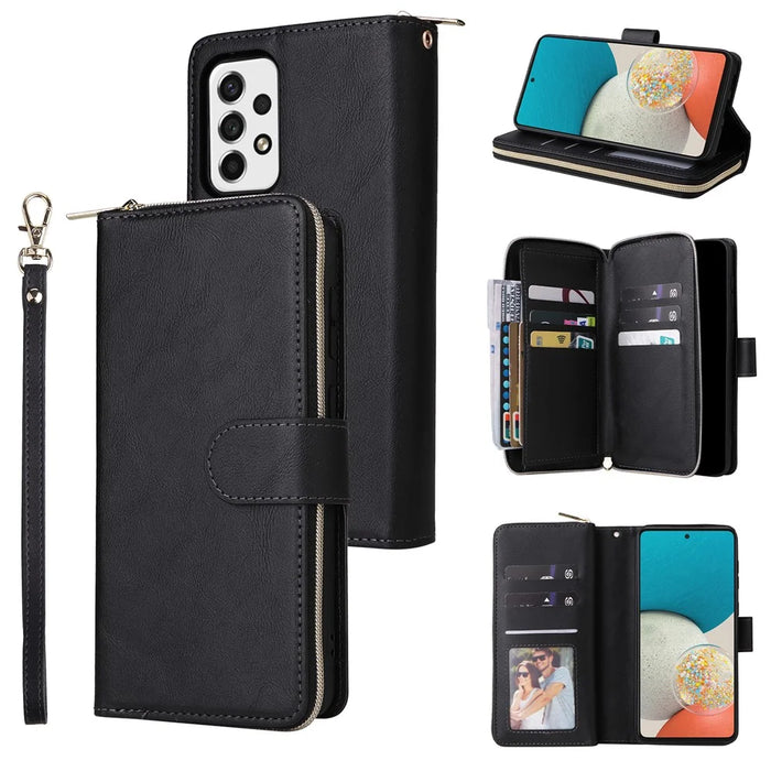 For Samsung Galaxy A53 5G Case Card Slots Zipper Wallet Leather Phone Cover - Black - 1