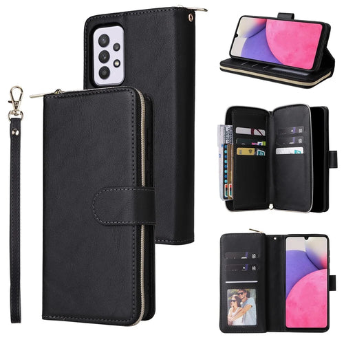 For Samsung Galaxy A33 5G Zipper Wallet Case Card Slots Leather Phone Cover - Black - 1