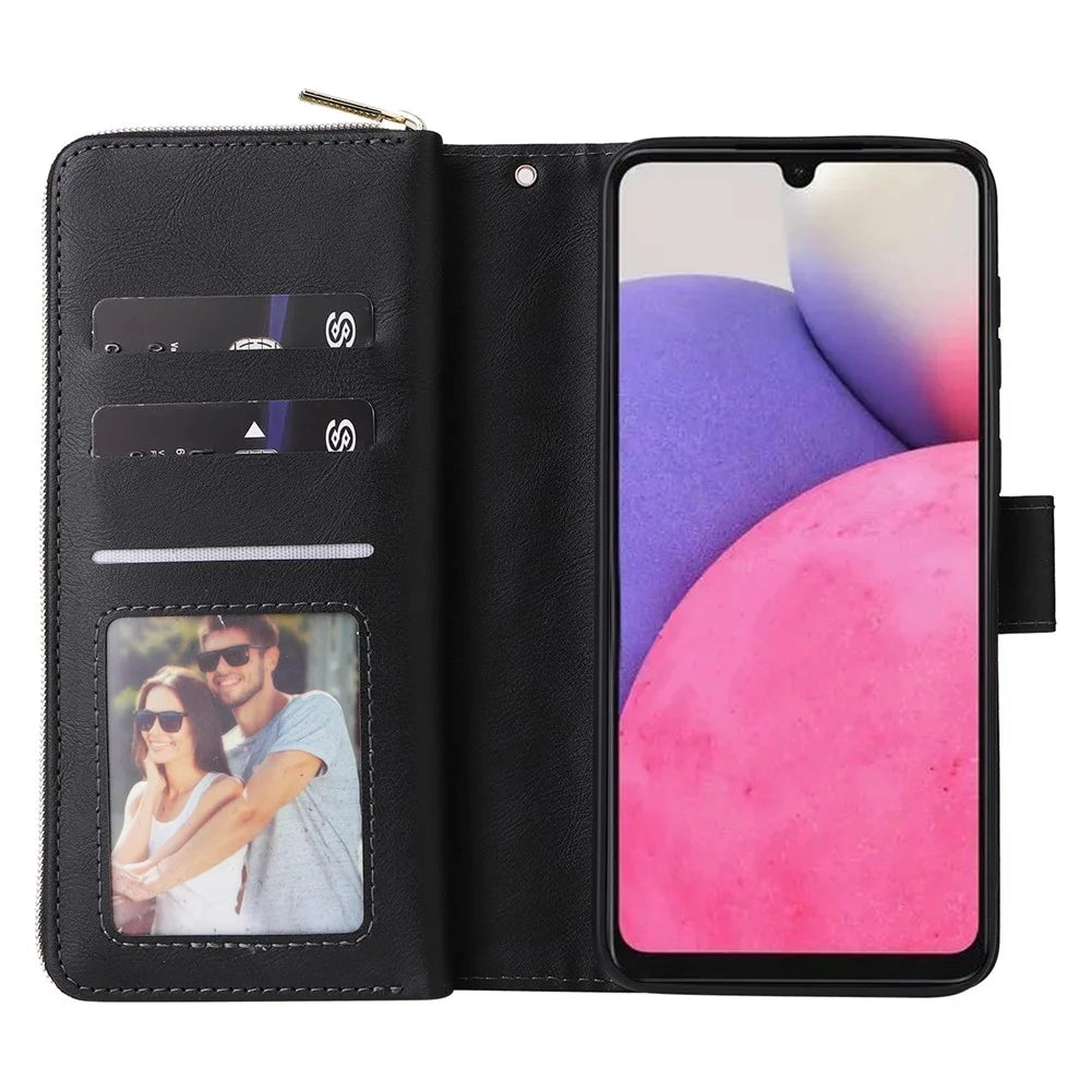 For Samsung Galaxy A33 5G Zipper Wallet Case Card Slots Leather Phone Cover - Black - 2