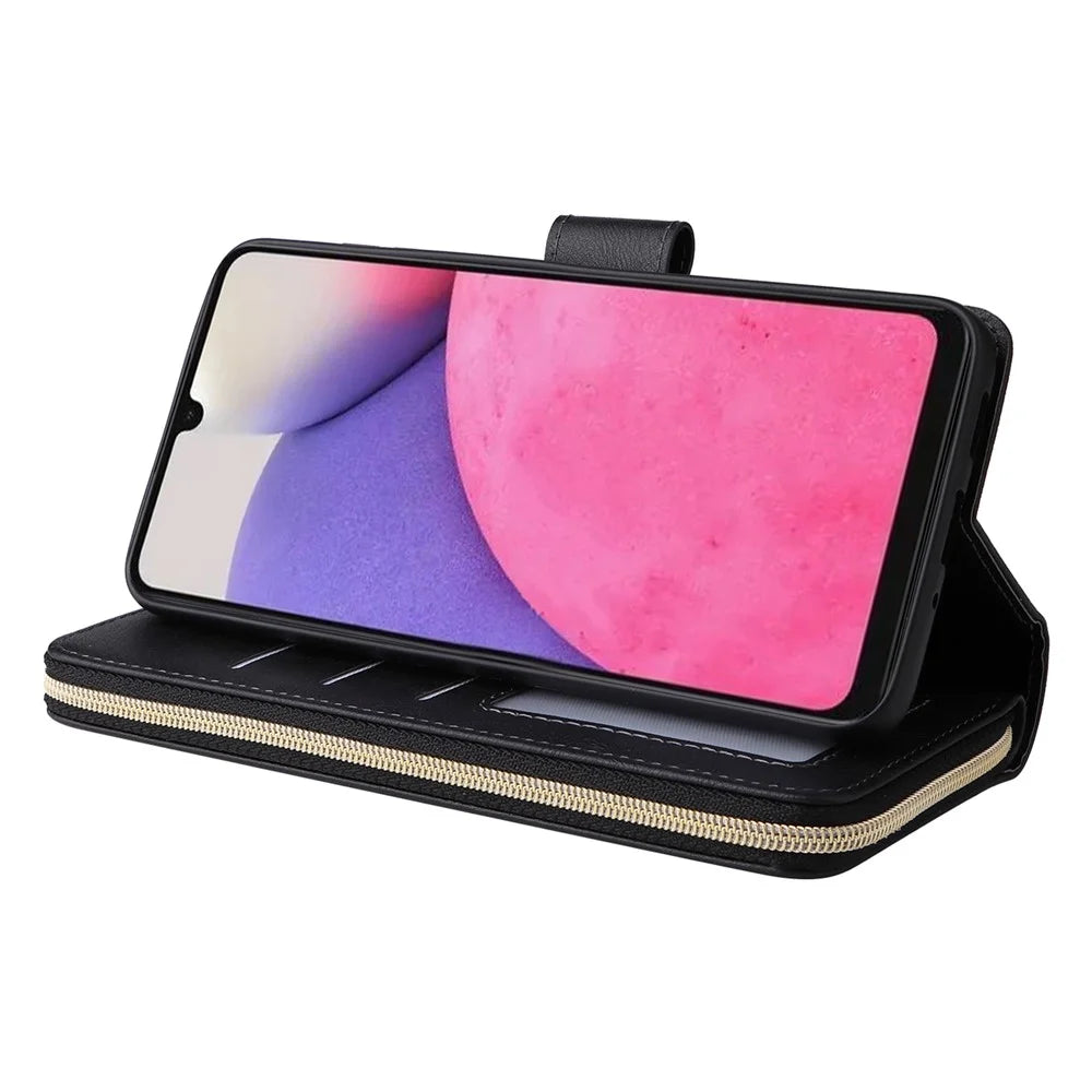 For Samsung Galaxy A33 5G Zipper Wallet Case Card Slots Leather Phone Cover - Black - 4