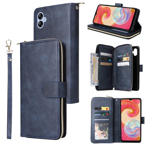 For Samsung Galaxy A04e 4G / F04 4G / M04 4G Case Zipper Leather Phone Cover 9 Card Slots - Blue - 1