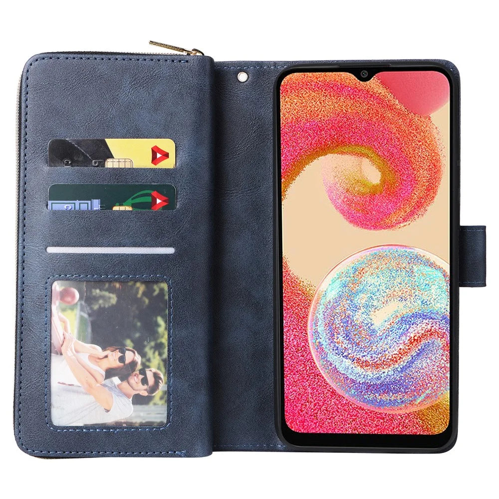 For Samsung Galaxy A04e 4G / F04 4G / M04 4G Case Zipper Leather Phone Cover 9 Card Slots - Blue - 3