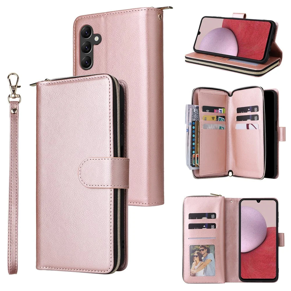 For Samsung Galaxy A14 5G Case 9 Card Slots PU Leather Zipper Phone Cover - Rose Gold - 1
