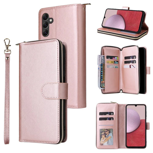 For Samsung Galaxy A14 5G Case 9 Card Slots PU Leather Zipper Phone Cover - Rose Gold - 1