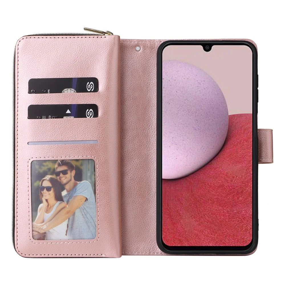 For Samsung Galaxy A14 5G Case 9 Card Slots PU Leather Zipper Phone Cover - Rose Gold - 2