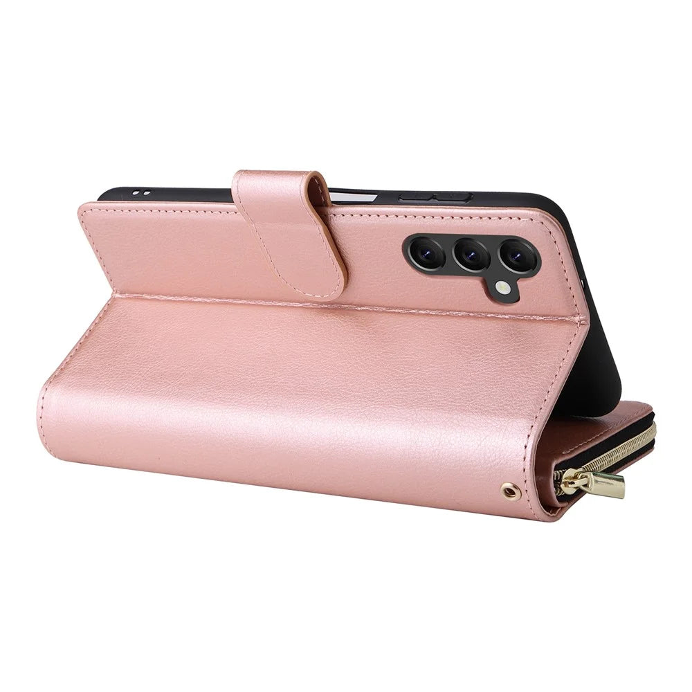 For Samsung Galaxy A14 5G Case 9 Card Slots PU Leather Zipper Phone Cover - Rose Gold - 5