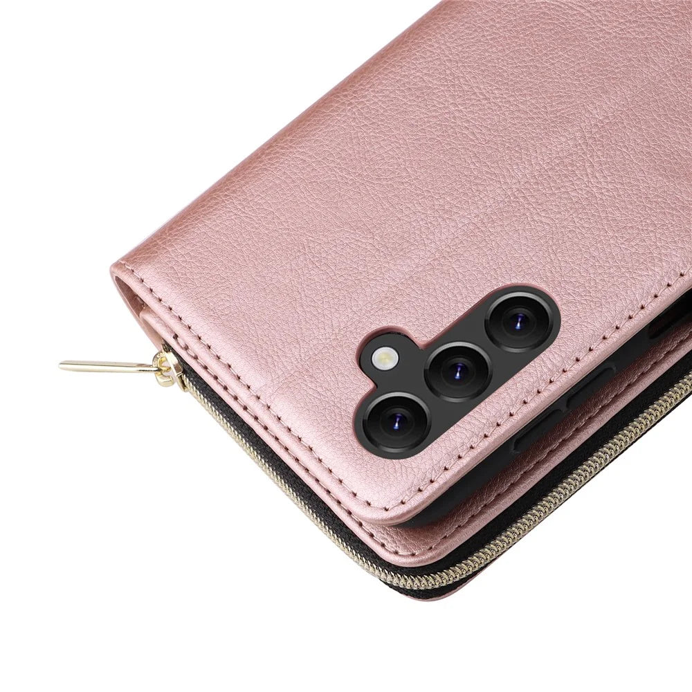 For Samsung Galaxy A14 5G Case 9 Card Slots PU Leather Zipper Phone Cover - Rose Gold - 6