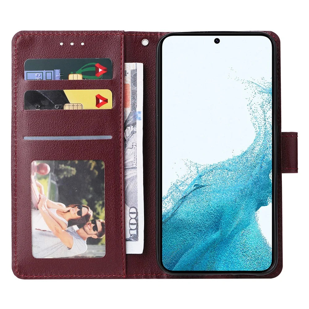 For Samsung Galaxy S23 Wallet Case 3 Card Slots Slim-Fit PU Leather Stand Phone Cover - Wine Red - 2