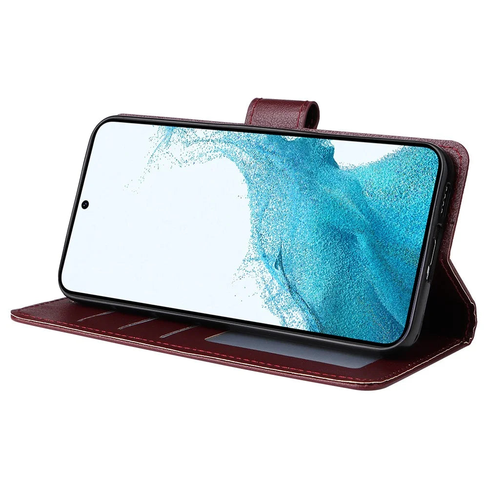 For Samsung Galaxy S23 Wallet Case 3 Card Slots Slim-Fit PU Leather Stand Phone Cover - Wine Red - 4