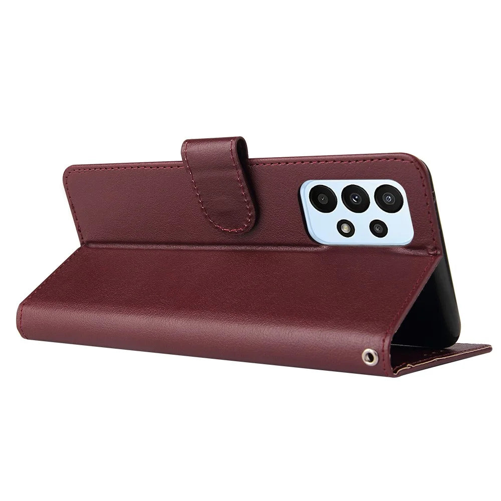 For Samsung Galaxy A23 4G / A23 5G (Global Version) / F23 5G / M23 5G / M13 4G Phone Case PU Leather Cover - Wine Red - 4