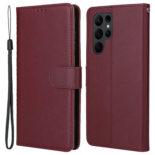 For Samsung Galaxy S23 Ultra Case Drop-Proof Leather Wallet Phone Cover - Wine Red - 1