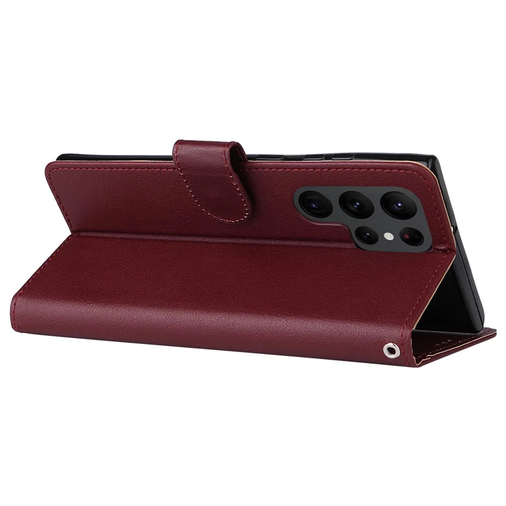 For Samsung Galaxy S23 Ultra Case Drop-Proof Leather Wallet Phone Cover - Wine Red - 3