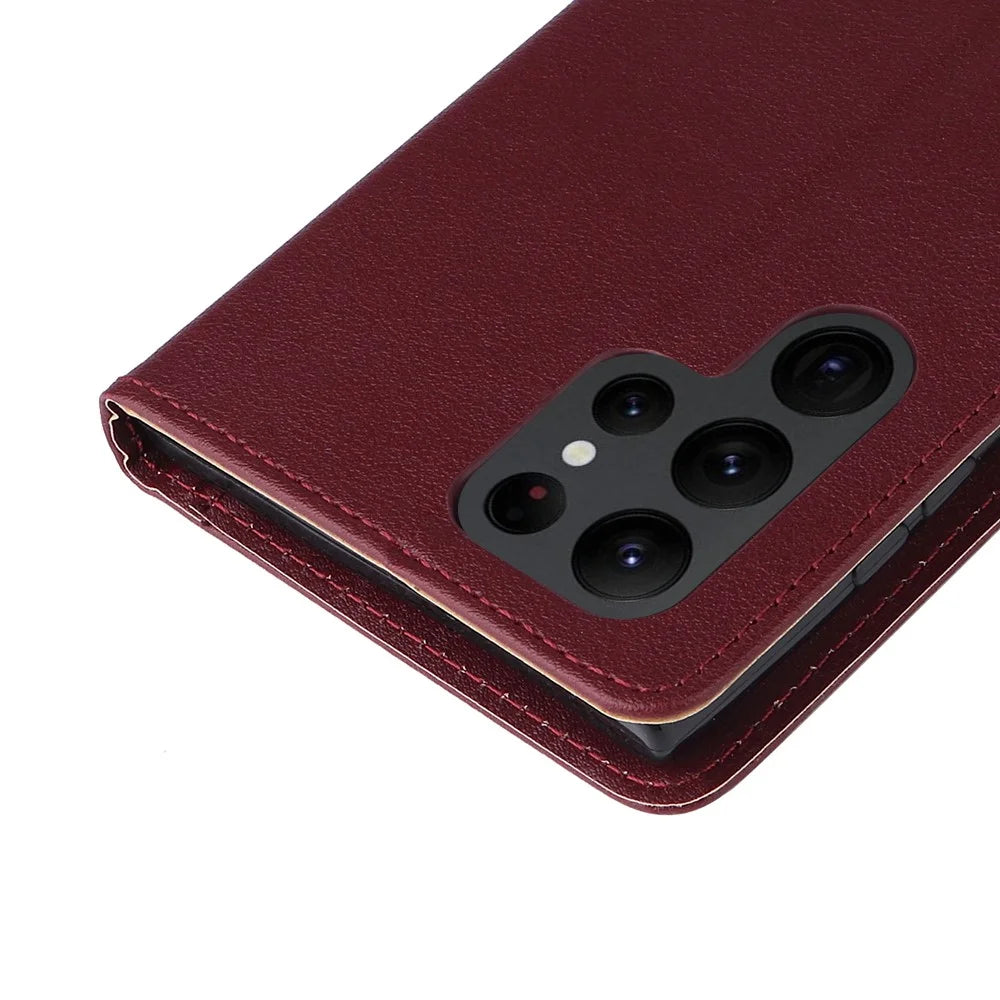 For Samsung Galaxy S23 Ultra Case Drop-Proof Leather Wallet Phone Cover - Wine Red - 6