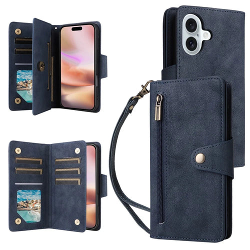 For iPhone 16 Plus Shockproof Case Rivet Decor PU Leather Zipper Wallet Phone Cover - Blue - 1