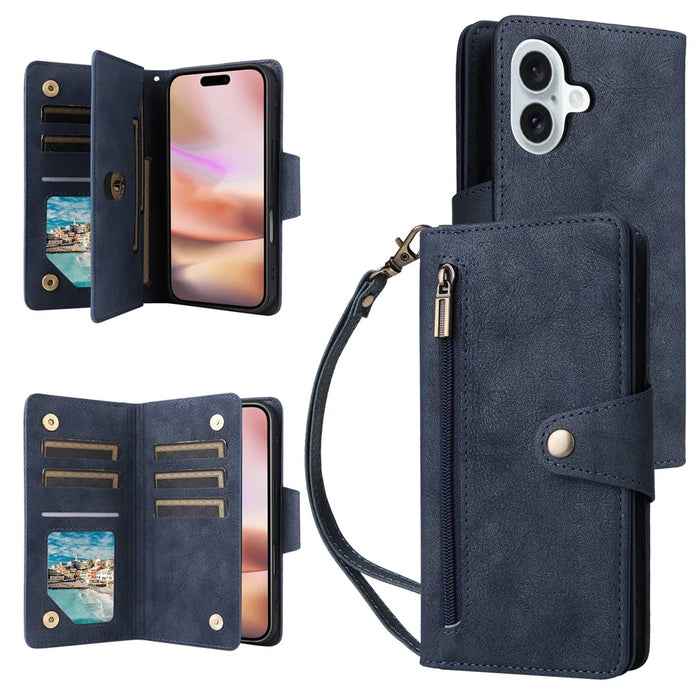 For iPhone 16 Plus Shockproof Case Rivet Decor PU Leather Zipper Wallet Phone Cover - Blue - 1