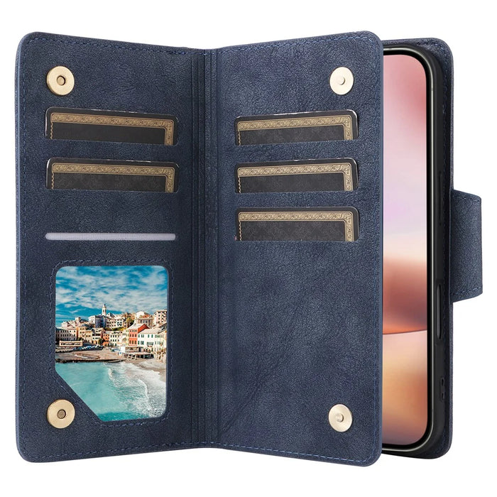 For iPhone 16 Plus Shockproof Case Rivet Decor PU Leather Zipper Wallet Phone Cover - Blue - 3
