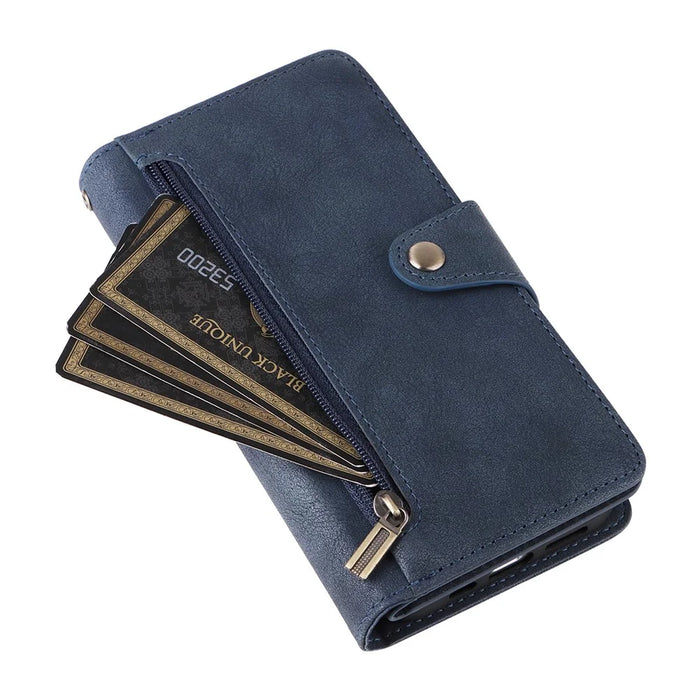 For iPhone 16 Plus Shockproof Case Rivet Decor PU Leather Zipper Wallet Phone Cover - Blue - 5